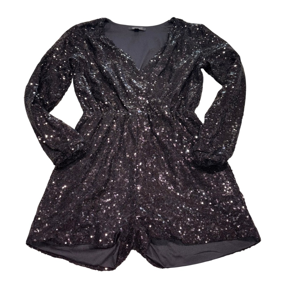 Sequin Romper Women Medium Black Long Sleeve V-Neck Party Playsuit HAODUOYI